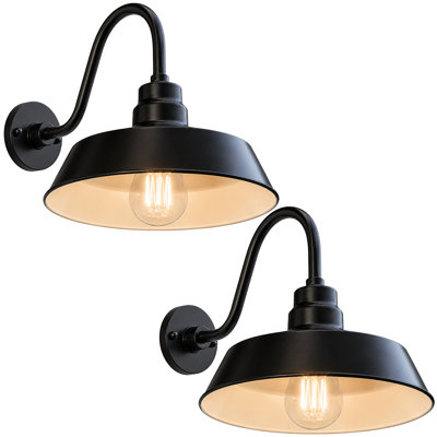 14in. Satin Black Outdoor Gooseneck Barn Light Fixture With 14.5 in. Long Extension Arm - Wall Sconce Farmhouse, Antique Style - UL Listed - 9W 900lm A19 LED Bulb (5000K Cool White) - 2-Pack