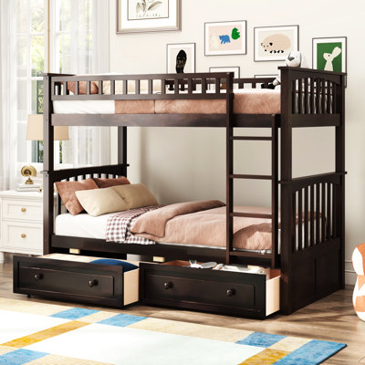 Twin Bunk Bed, Convertible , Pine Wood And , Drawers, Fence Guardrails, Simple Installation Colour, Bedroom Bed Selection