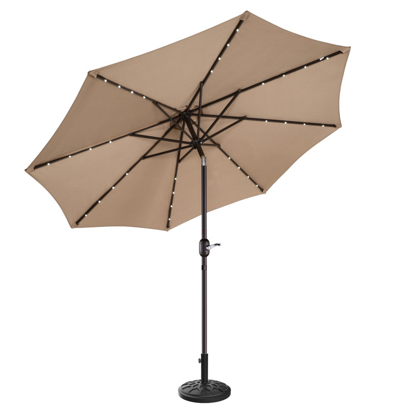 Parasol d'extérieur avec abat-jour lumineux 9 pi avec base lestée 19 lb, éclairage à DEL à énergie solaire et pavillon à bouton-poussoir inclinable de Villacera (Beige)