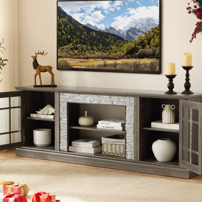 Grey Tv Stand, 70" Faux Stone Entertainment Center With 2-door Storage, 6 Cable Management For Organized Cables