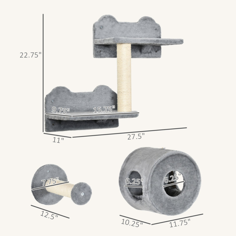 Elephant Grey Wall-Mounted Cat Tree with Sisal Scratching Posts