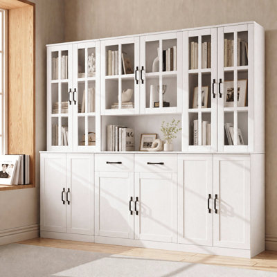 71" H X 78.8" W Bookcase Cabinet With Glass Doors And Large Storage Drawers(2D+E)