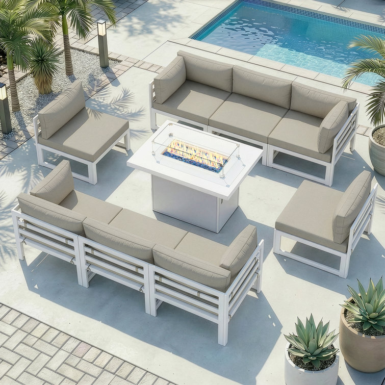 Anevaeh 8-Person Outdoor Patio All-Aluminum Sectional Conversation Set with Fire Pit Table and Cushions
