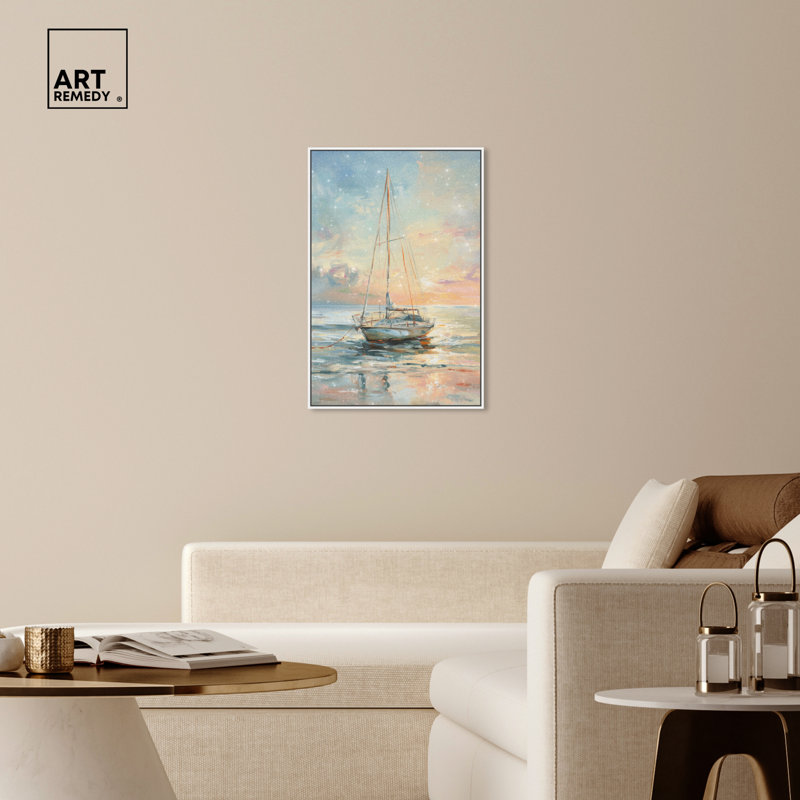 Boat on the Shore Sunset Canvas Wall Art with White Frame