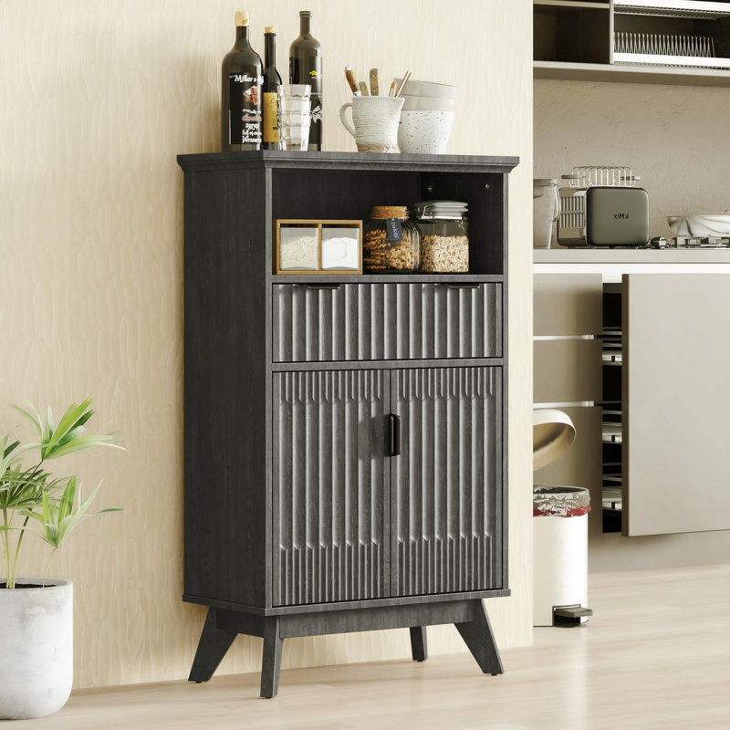 Storage Cabinet With Doors And Drawers, Solid Wood Legs, Tan