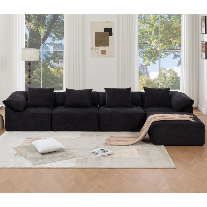 [NOUVEAUTÉ] [VIDÉO FOURNIE] Canapé modulaire en L de 142 po, sans assemblage, canapé 5 pièces, canapé-lit convertible, canapé entièrement compressé, canapé-lit à combinaison libre, 5 sièges et repose-pieds, chenille, noir
