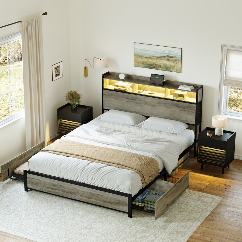 Ensemble de chambre à coucher 3 pièces, lit moderne avec 2 tiroirs et 2 tables de chevet inclinées, Gray/Black, Queen