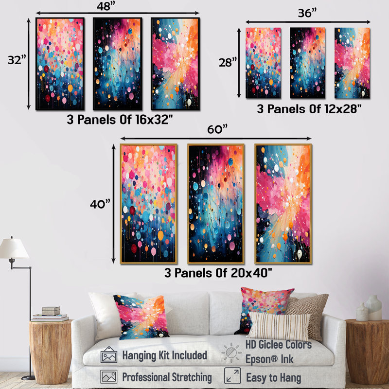 Rose et bleu néon Pop Art I - ensemble de 3 impressions sur toile Pop Art, H 40 po x l 60 po, Cadre flottant blanc