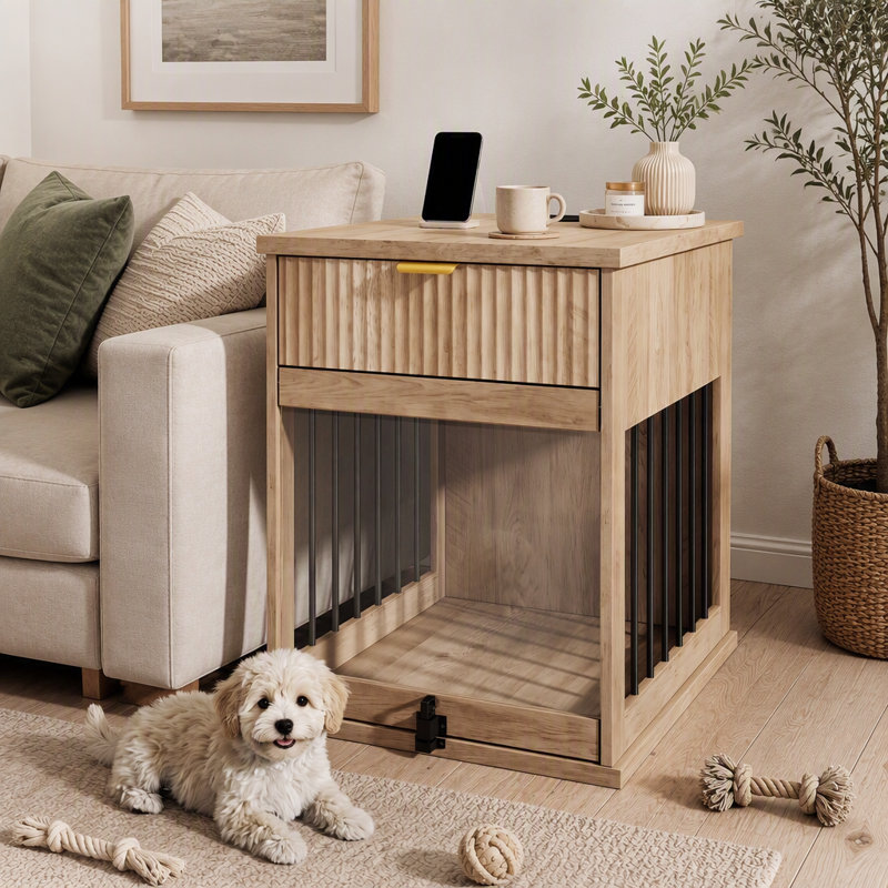 Table d'appoint 3 en 1 pour cage de chien avec station de recharge et porte en verre