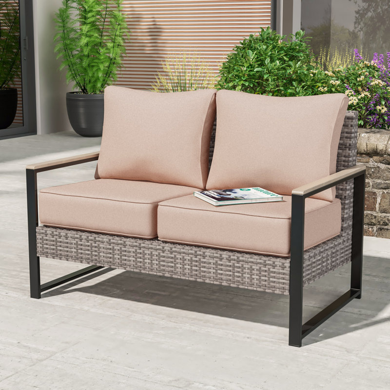 Loveseat Sofa with PE Rattan Wicker & Sturdy Frame for Patio , Deck, Sand