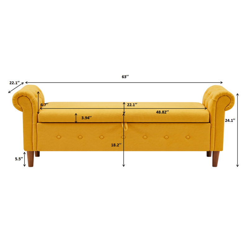 Repose-pieds de rangement rectangulaire de 63 po de largeur, Jaune, Lin lin