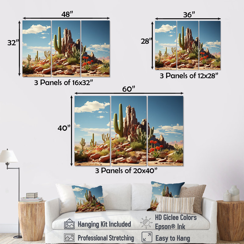 Cactus vert et bleu du désert au Nevada - Art mural floral cactus, Toile tendue, H 28 po x l 36 po