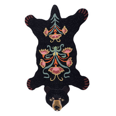 Tapis en laine à motif floral de yogi-ours noir en laine Caviar de Mirzapur