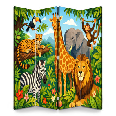 4 panneaux paravents pliables cloison royale mignonne animaux de la jungle lion éléphant girafe zèbre singe toucan séparateur de pièce toile séparateur de protection autoportant cloison d'intimité