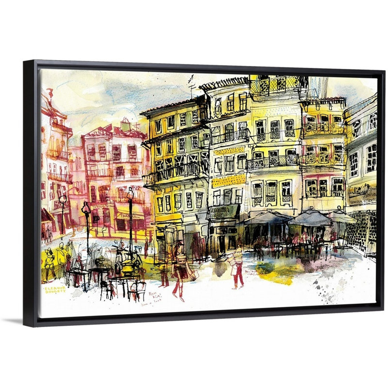 Reproduction d’art sur toile, "Square-Porto, Portugal" par Eleanor Doughty, H 14 po x l 20 po x P 1,75 po, Cadre noir