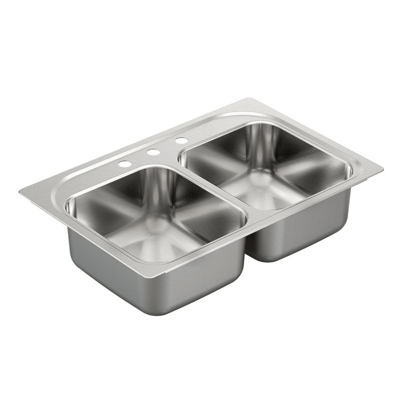 2000 Series 33" x 22" Double Basin Drop-In Kitchen Sink, 3 Hole