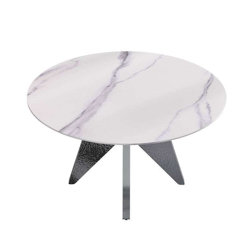 6 Table de salle à manger ronde de 53 po, blanc avec base en acier inoxydable argenté, plateau en pierre frittée, pour gaz et odeurs, capacité du plateau supérieur, émission,