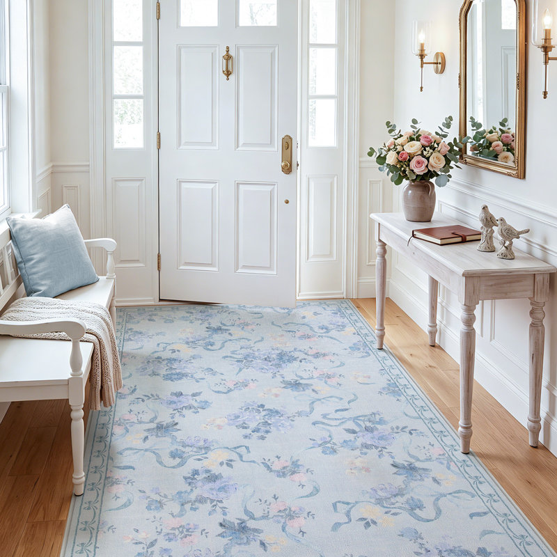 Bow Floral 3x5/5x7 Rug for Girls Bedroom, Soft Washable Nursery Living Room Area Rug, Boho Non-Slip Low Pile Indoor Carpet for Dorm Kids Playroom