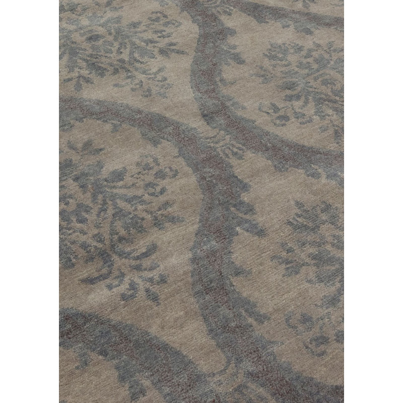 Tapis gris / beige en laine noué à la main Damask, Rectangle 10 pi x 14 pi