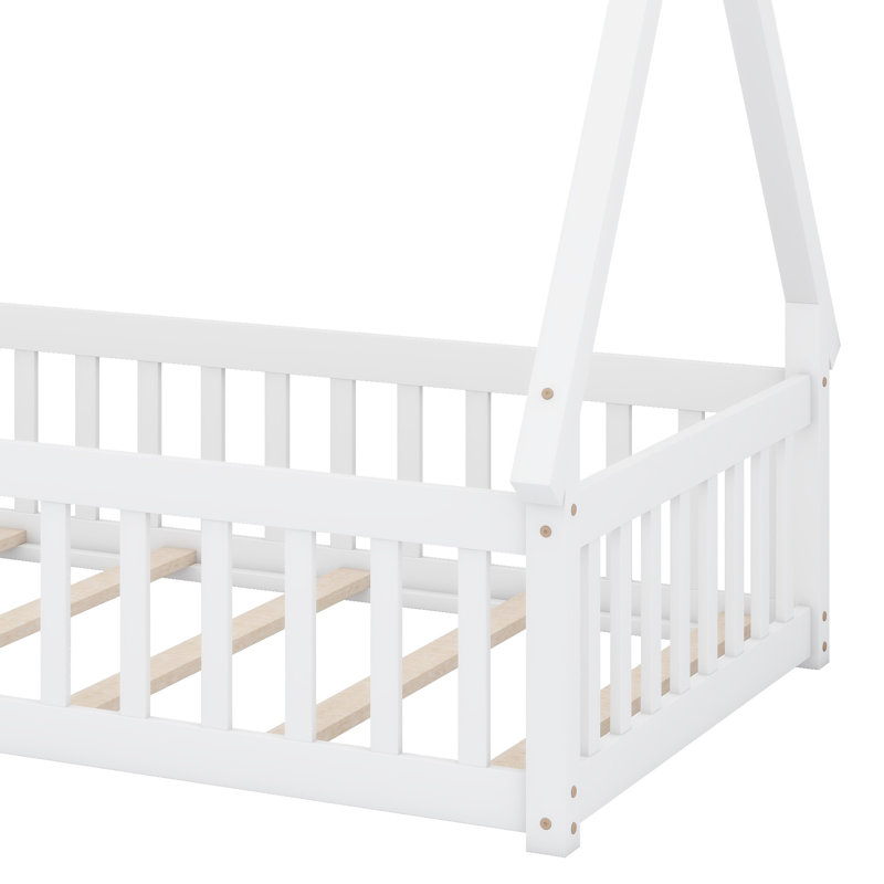 Lit douillet inspiré de la tente avec porte sécurisée, garde-corps de clôture et cadre de support triangulaire, Blanc