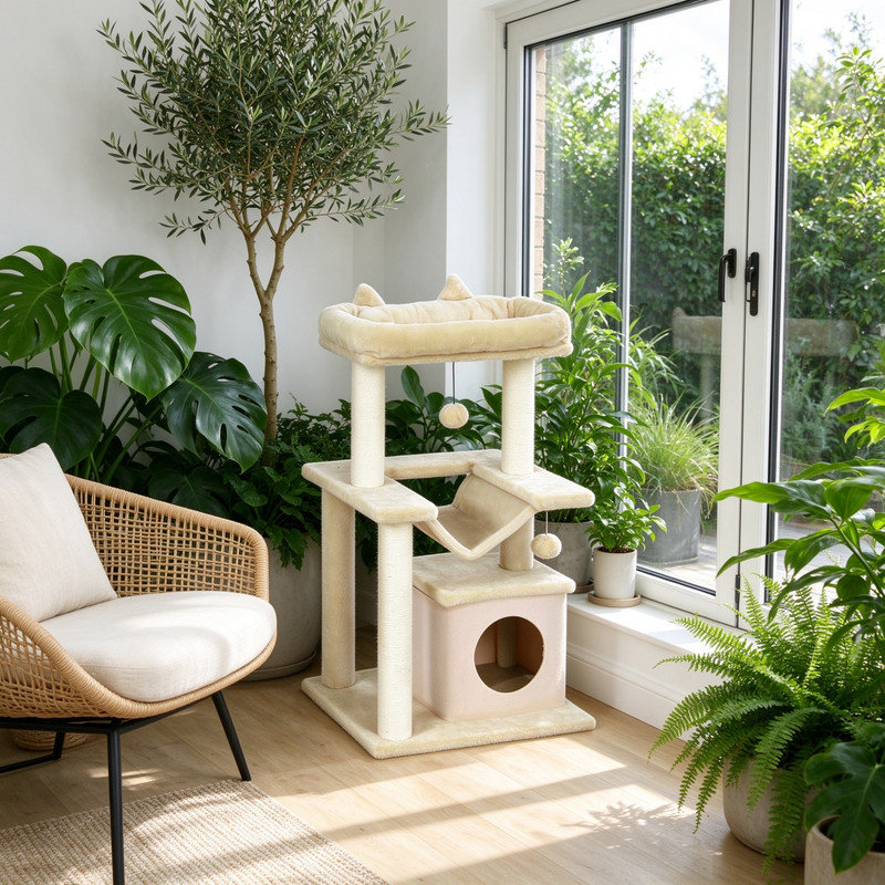 90cm Beige Cat Tree Tower with Sisal Scratching Posts, Cat Condo, Hammock, Top Perch & 2 Hanging Toys
