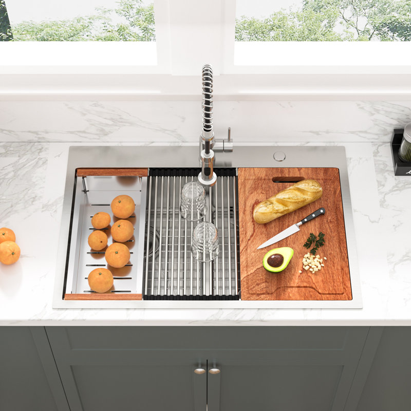 36'' L Drop-In Kitchen Sink 50/50 Low Divider Double Bowl Stainless Steel Workstation Sink with Accessories