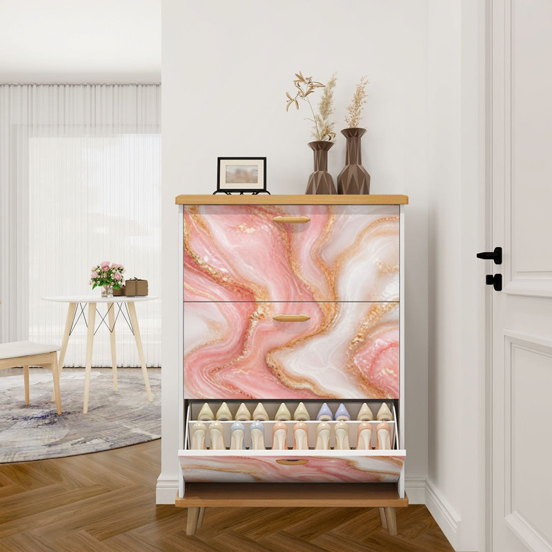 Rangement à chaussures avec 3 tiroirs rabattables pour étagère à chaussures en marbre rose et or rose