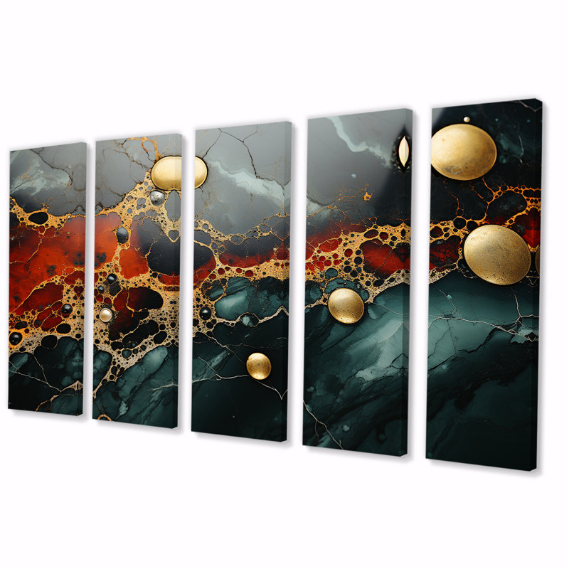 "Or et vert sérénité abstrait marbre II", 5 pièces, H 32 po x l 80 po