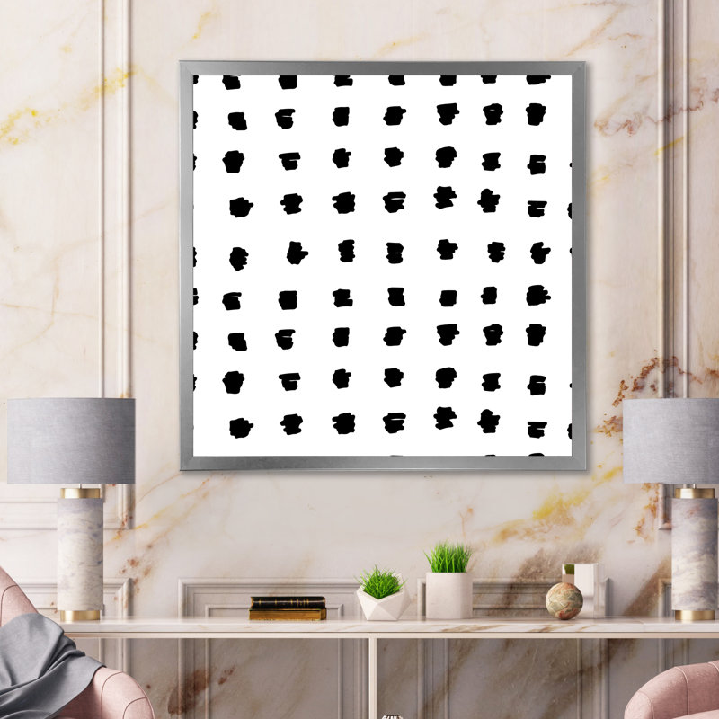 Motif géométrique de pois noirs sur fond blanc, reproduction d'art sur toile, Cadre photo argenté, H 16 po x l 16 po