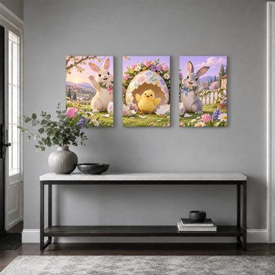 " White And Grey Rabbits With Yellow Chick Christmas " 3 Piece Art