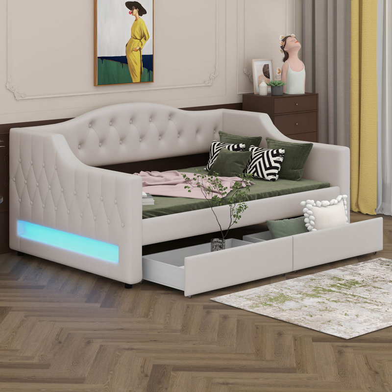 Upholstered Daybed, Sofa Bed With LED Belt And 2 Drawers, Linen Tufted Day Bed For Living Room, Bedroom, Twin Extra-Long