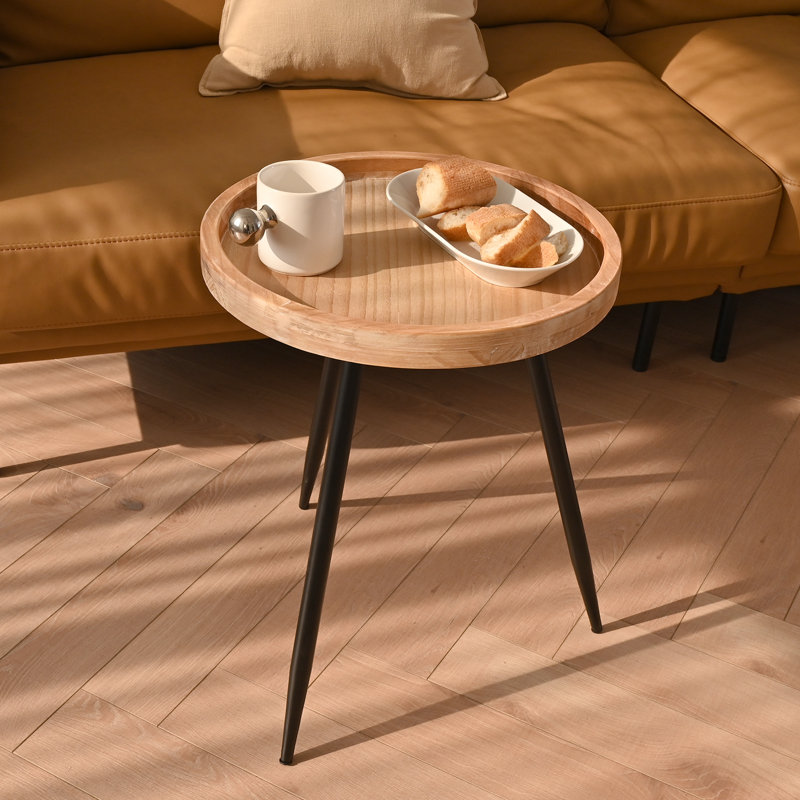 Petite table de bout ronde - table d'appoint avec plateau en bois massif et pieds en métal robustes, table d'appoint peu encombrante pour le salon, la chambre à coucher, le balcon - assemblage facile, design moderne minimaliste