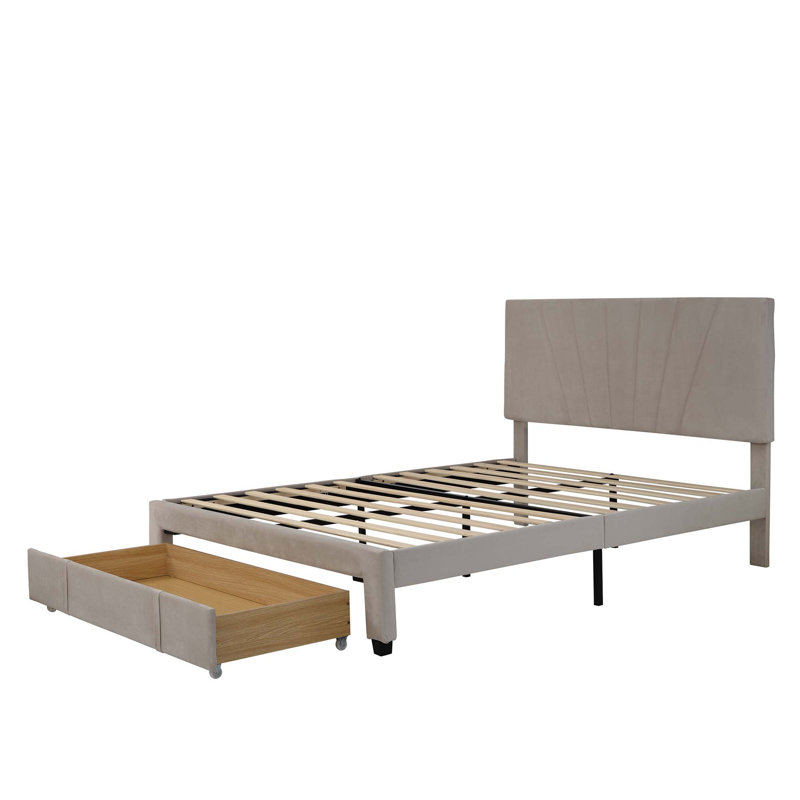 Lit plateforme tapissier avec rangement, Beige