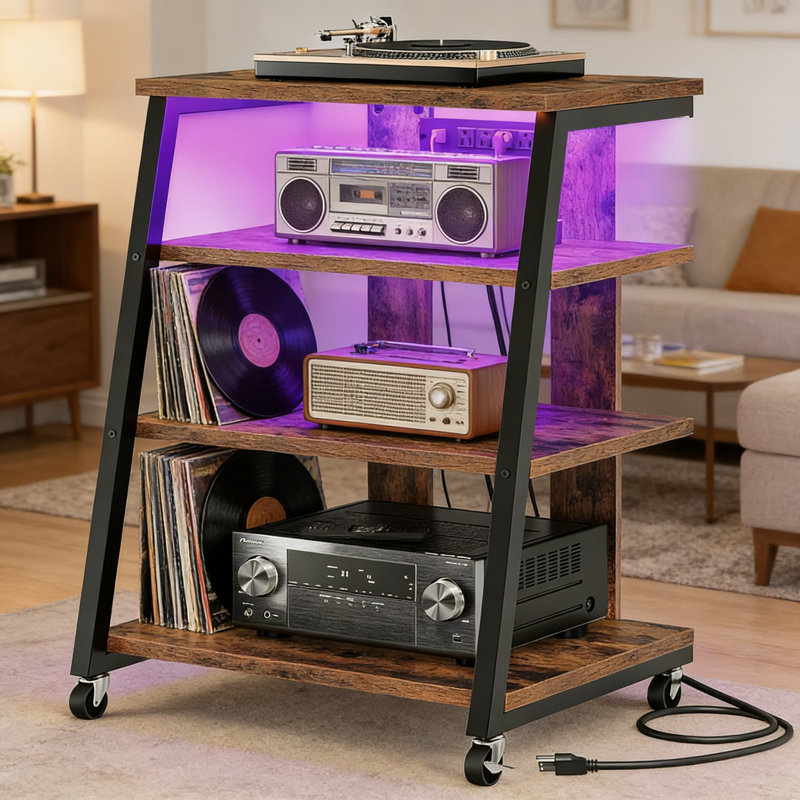Meuble audio-vidéo à 4 niveaux avec roulettes, multiprise et lumières DEL
