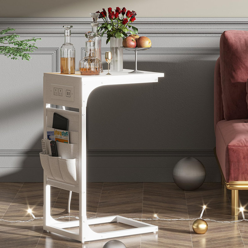 Shaped Side Table With Charging Stations - Versatile White Couch Table For Snacks & Laptops