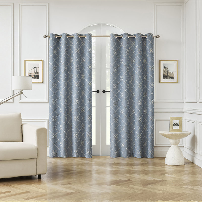 Adria Trellis Embroidered 100% Blackout Grommet Curtain Panel, Blue, 50" W x 84" L