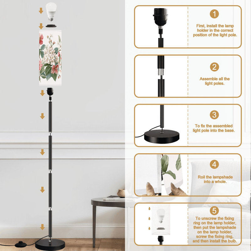 Lampe sur pied avec fleurs roses et vertes, guirlandes à feuilles vertes, lampe sur pied moderne à intensité variable avec télécommande, pédale, abat-jour, abat-jour, grand lampadaire pour salon, chambre, bureau