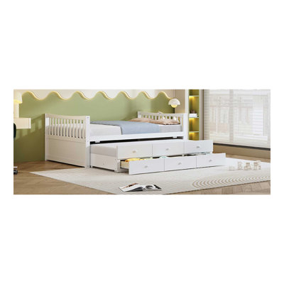 Lit de jour double avec lit gigogne simple et tiroirs, blanc