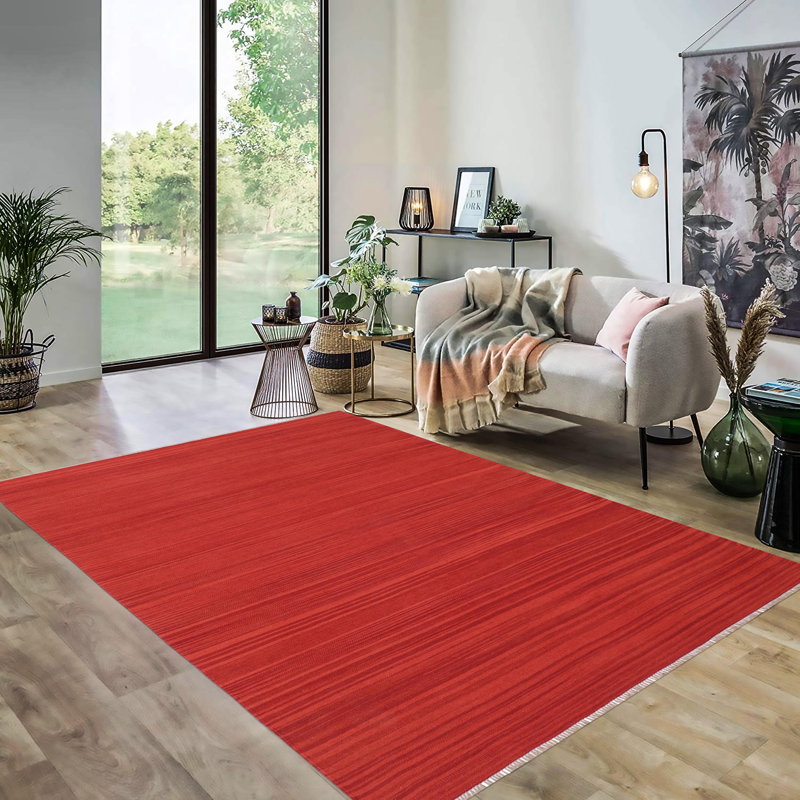 Tapis rouge en laine noué à la main 5 pi 11 po x 8 pi 10 po Laddonia