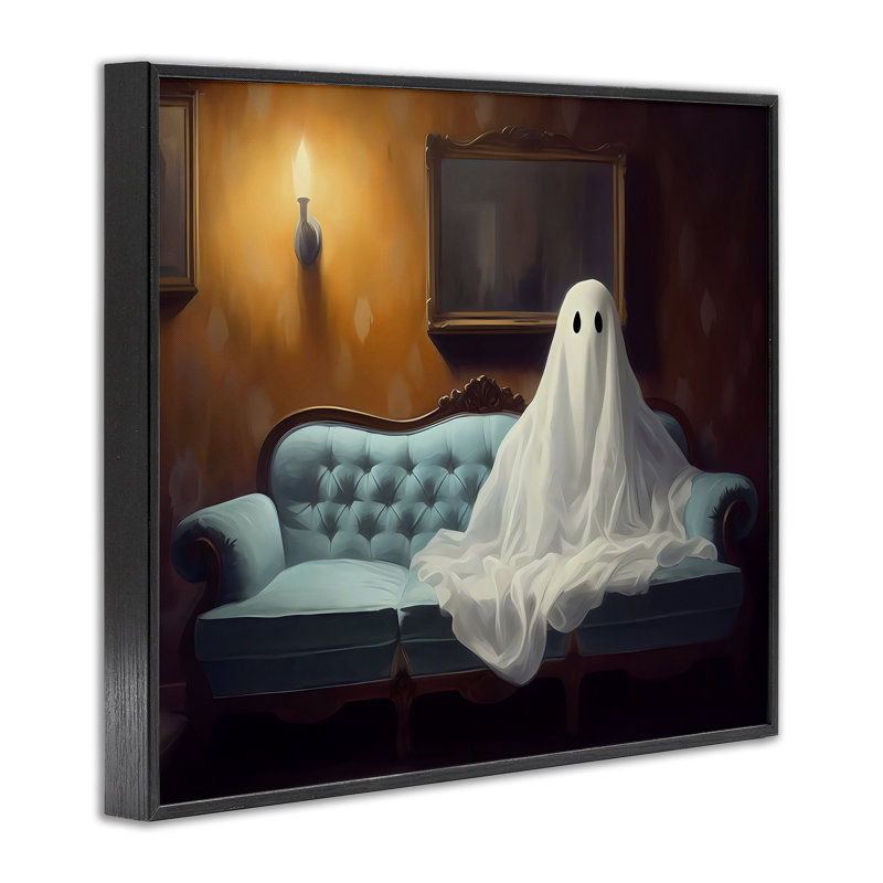 Ghost on Spooky Blue Couch Framed Giclee, design by LSR Design Studio, 11" H x 14" W, Midnight Black Framed Giclee