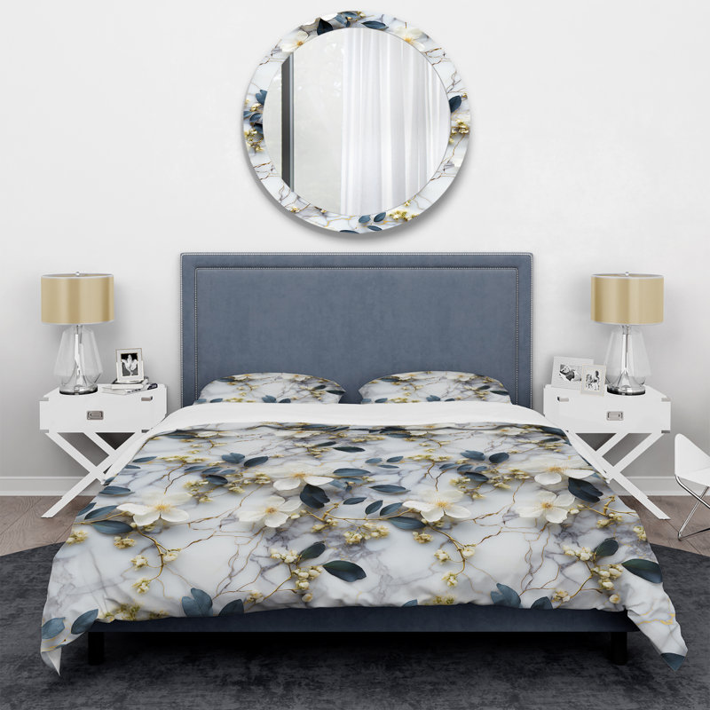 Literie de palette de fleurs botaniques en marbre blanc, Housse de couette simple + 1 taie décorative stan