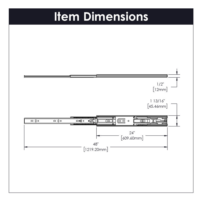 Glissières de tiroir à fermeture latérale 24 po - extension complète capacité 100 lb. Finition cadmium  