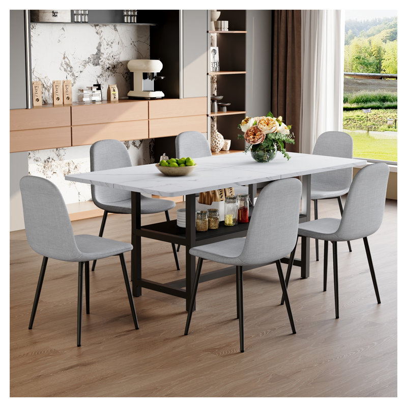 Ensemble de table de salle à manger 7 pièces avec tablette de rangement, plateau en faux marbre blanc et 6 chaises en lin gris clair