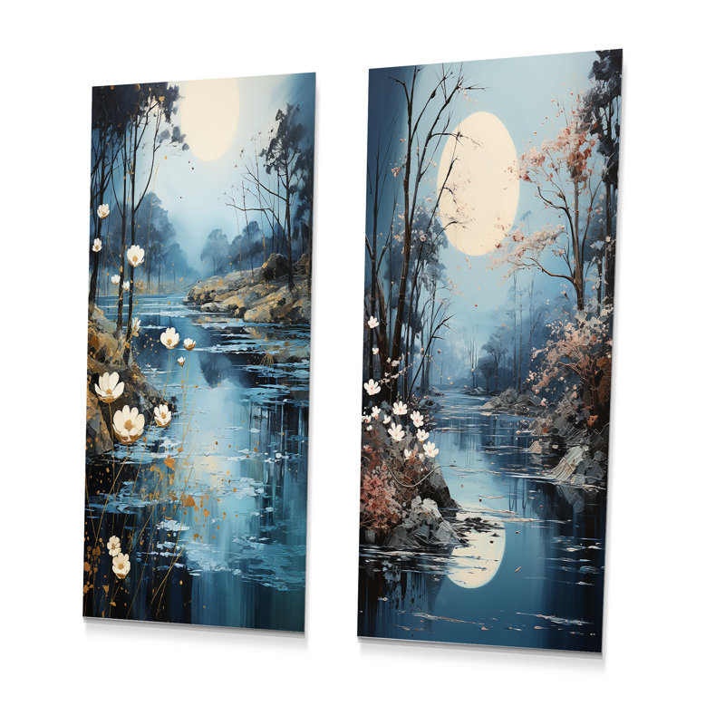 Blue Moonlit River Blooms I - ensemble de 3 décorations murales en métal Forest River, H 28 po x l 24 po