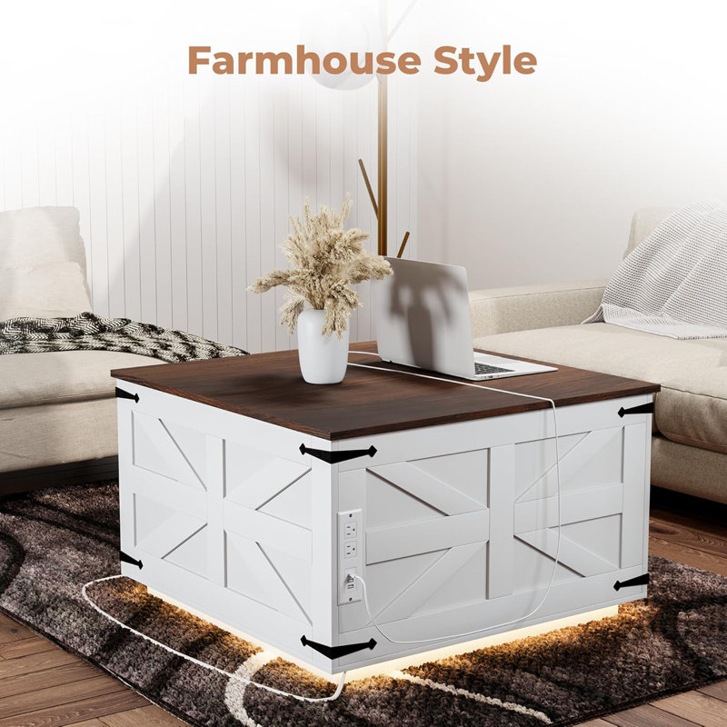 White and Dark Brown Square MDF Lift-Top Coffee Table with LED Lights