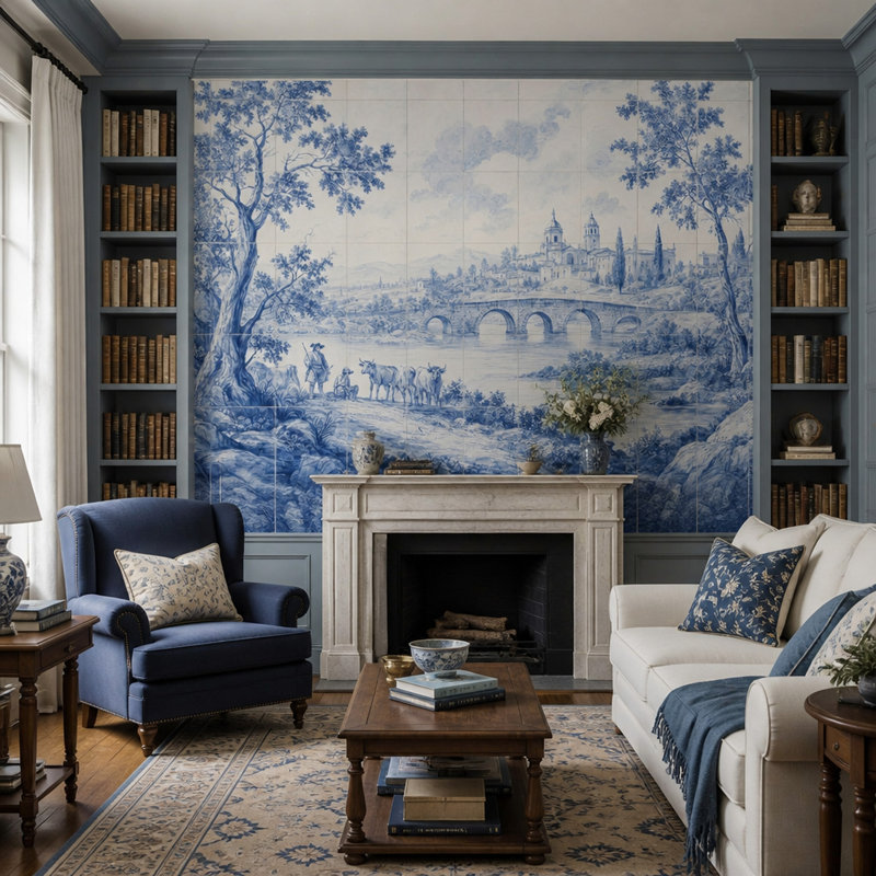 Papier peint mural amovible de style Delft, motif paysage champêtre, décoration murale, 120"x96", Peel and Stick