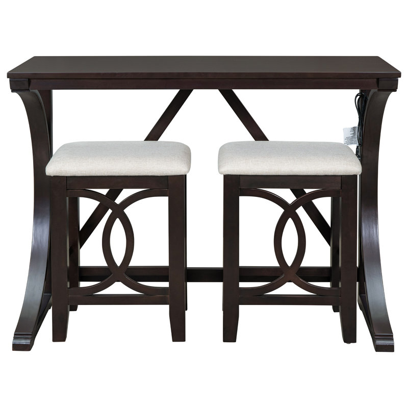 Ensemble de table de salle à manger à hauteur de comptoir 3 pièces Farmhouse avec port USB et tabourets rembourrés, Espresso