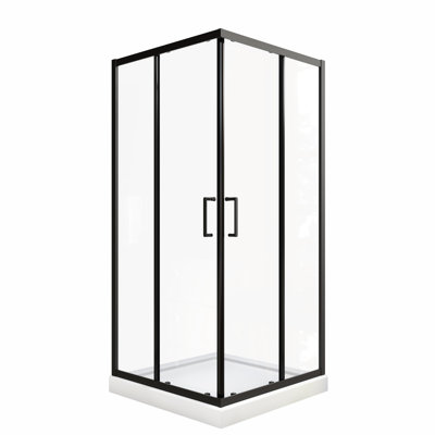 Porte de douche coulissante avec verre trempé transparent de 1/4 po, noir mat, clôture de salle de bain de 34,625 po x 72 po et poignée en acier inoxydable, pivot noir