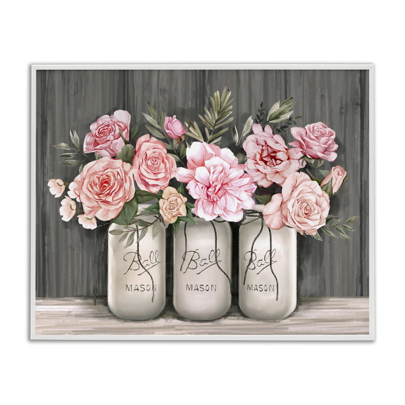 Bouquets de roses roses en fleurs, pots rustiques - peinture, H 11 po x l 14 po, Giclée encadrée blanc bord de mer