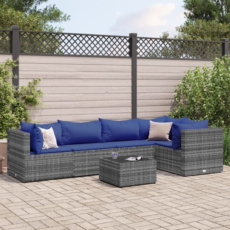 Latitude Run® 5 Piece Patio Lounge Set With Cushions Black Poly Rattan, 5, Gray, Dark Blue